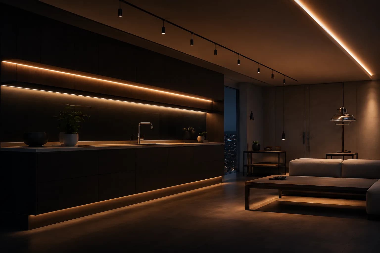 Warm interior with linear LED strip lighting integrated into cabinetry and ceiling details